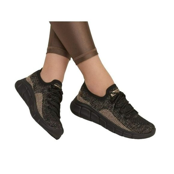 New Sz 8 Womens Comfy Shoes Skechers BOBS Sport B Flex Black Gold 117113 slip-on - Picture 2 of 6